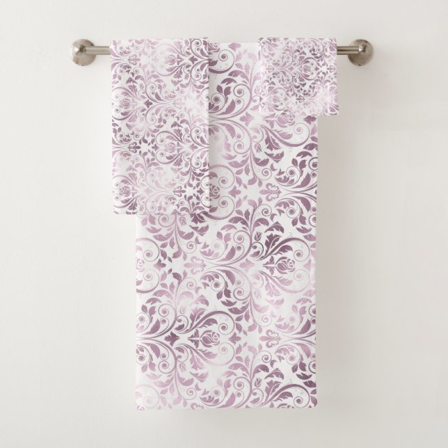 WHITE MAUVE VINTAGE INSPIRED BATHROOM TOWEL SET (Insitu)