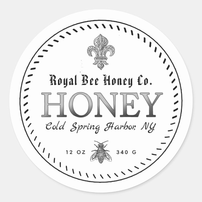 White Medieval Fleur De Lis Honey Label with Bee (Front)