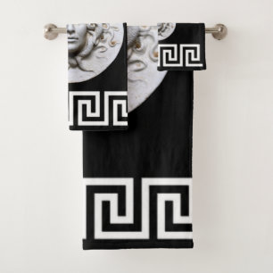 White Medusa Greek Key on Black Designer  Bath Towel Set