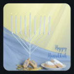 White Menorah Gold Coins & Dreidels Happy Hanukkah Square Sticker<br><div class="desc">Introducing our delightful Hanukkah Celebration Sticker, featuring a harmonious blend of traditional elements that bring the spirit of the Festival of Lights to life! This charming sticker includes a radiant menorah, gleaming coins, a playful dreidel, and tempting doughnuts—all beautifully illustrated to add a touch of warmth and festivity to your...</div>