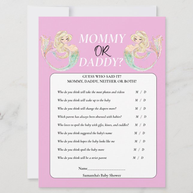White Mermaid Mother to Be. Mommy or Daddy Pink Invitation (Front)