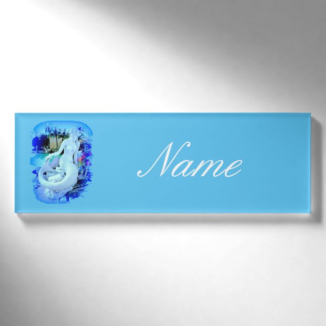 White Mermaid Sitting Thunder_Cove Name Tag (Front)