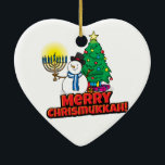 White Merry Chrismukkah with Snowman and Menorah Ceramic Ornament<br><div class="desc">Add these fun interfaith (Hanukkah and Christmas) ornaments to your Chrismukkah celebrations this year. If you celebrate the holidays together, these are a nice touch. This is our design and you won't find it anywhere other than in our store. Chrismukkah is celebrated by people usually in families with both Jewish...</div>