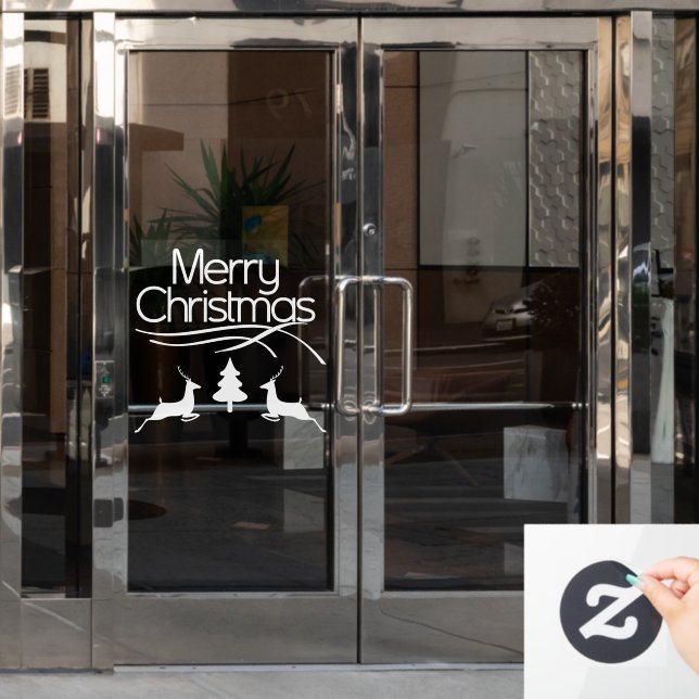 White Merry Christmas, deer and tree holidays Window Cling (Office Door)