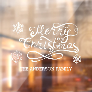 White Merry Christmas handwritten text snowflakes Window Cling