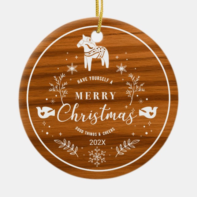 White Merry Christmas Ornament Mahogany Wood  (Front)