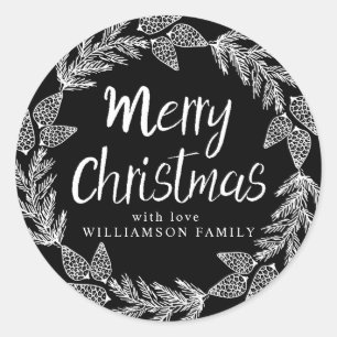 White Merry Christmas Wreath Black Envelope Seal