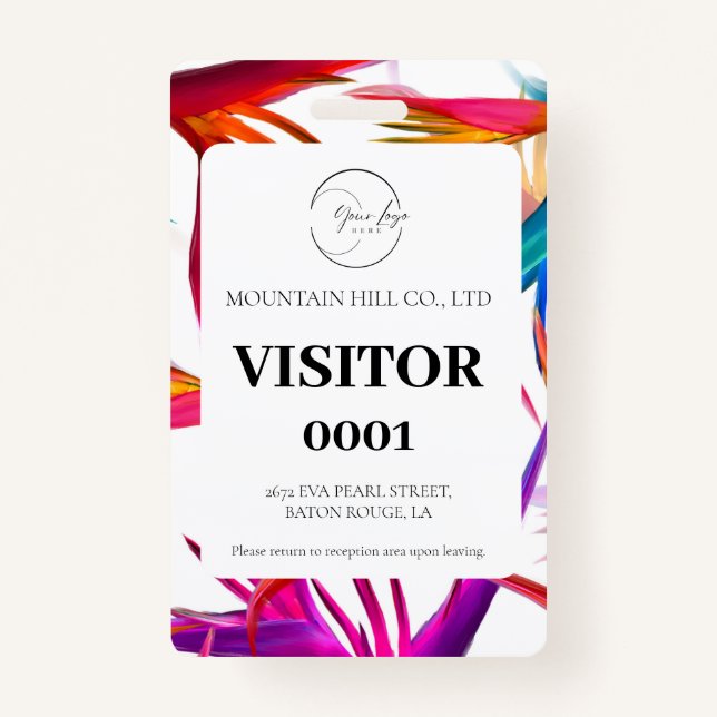 White Messy Tropical Colourful Visitor Card Badge (Front)