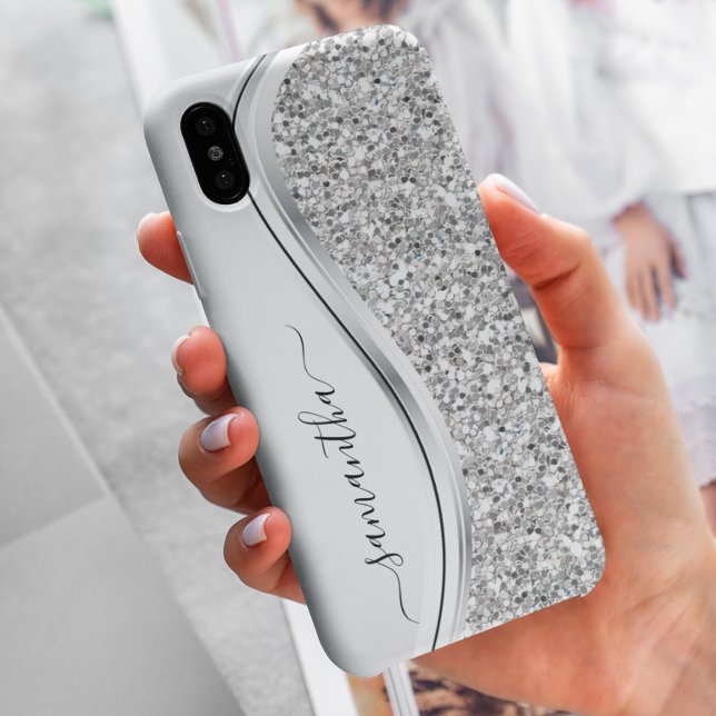 White Metallic Glitter Handwritten Monogram Samsung Galaxy S22 Ultra Case (Creator Uploaded)