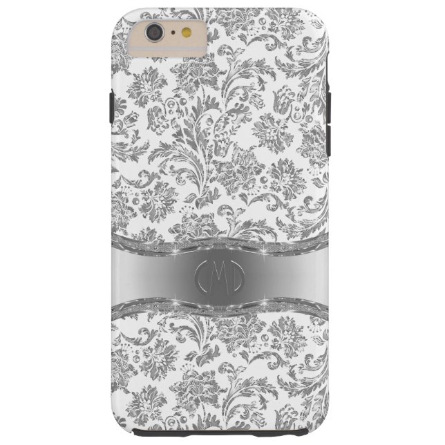 White & Metallic Silver Floral Damasks Case-Mate iPhone Case (Back)