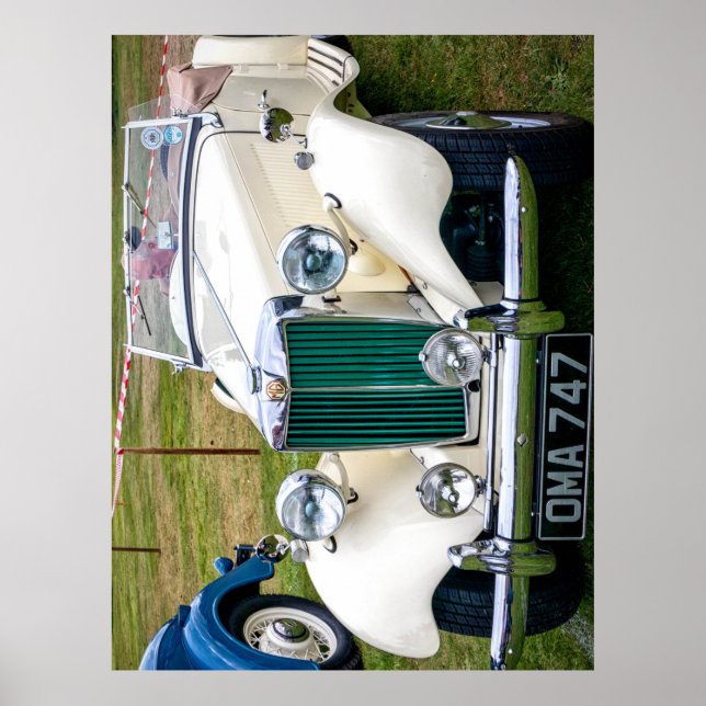 White MG TD classic British sports car Jigsaw Puzz Poster (Front)