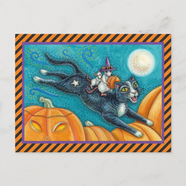 WHITE MICE & BLACK CAT ON HALLOWEEN SCAVENGER HUNT POSTCARD (Front)