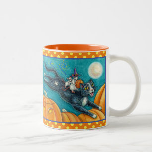 WHITE MICE & BLACK CAT ON HALLOWEEN SCAVENGER HUNT Two-Tone COFFEE MUG