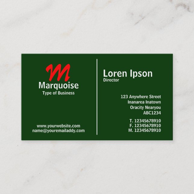 White Middle Rule Monogram - Dark Green Business Card (Front)