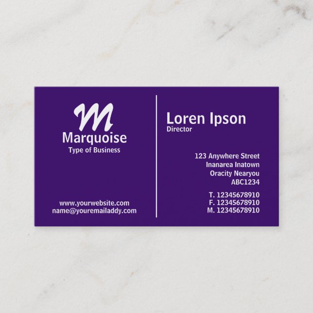 White Middle Rule Monogram - Dark Violet Business Card (Front)