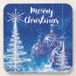 White & Midnight Blue Snow Merry Christmas Coaster<br><div class="desc">Elegant Merry christmas illustration with white christmas tress blue ornaments cute deer and text design.</div>