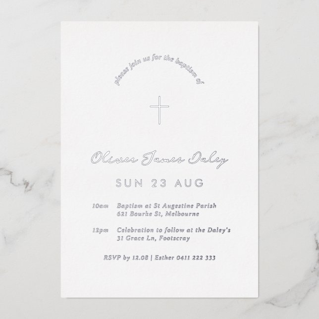 White Minimal Baptism Christening Cross Invitation (Front)