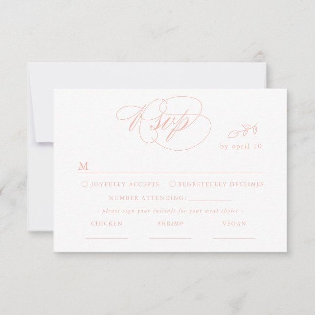 White Minimal Leaf Pink Font & QR Code RSVP Card (Front)