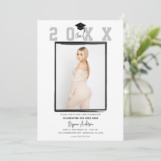 White Minimal Trendy Photo Graduation Party Invitation (Standing Front)