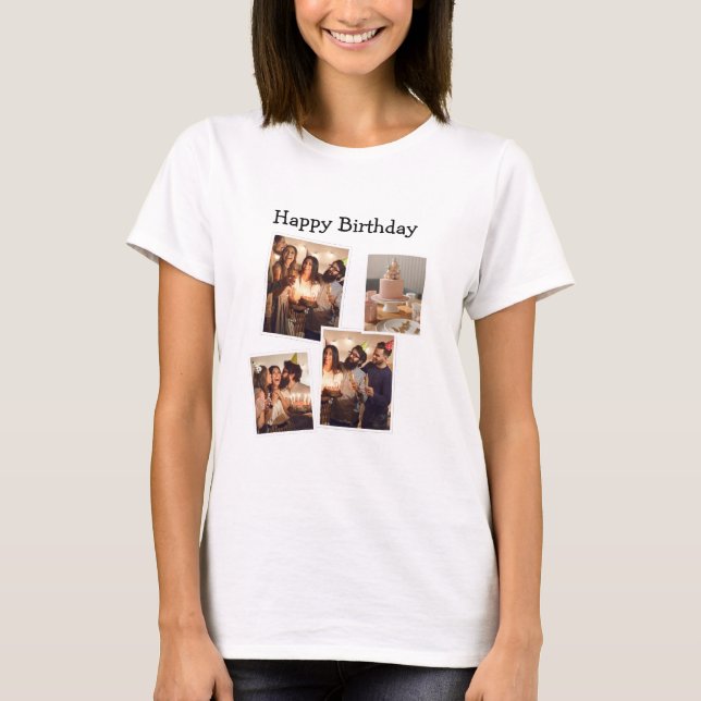 White Minimalist Birthday Photo Collage T-Shirt (Front)