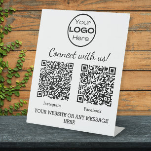 White Minimalist Business Logo Two QR Codes Pedestal Sign