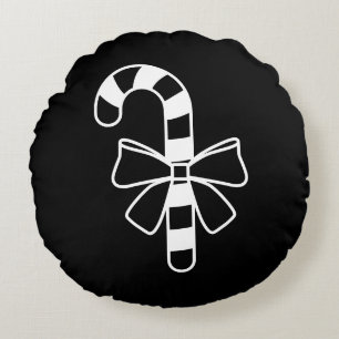 White Minimalist Candy Cane With A Bow On Black Round Pillow