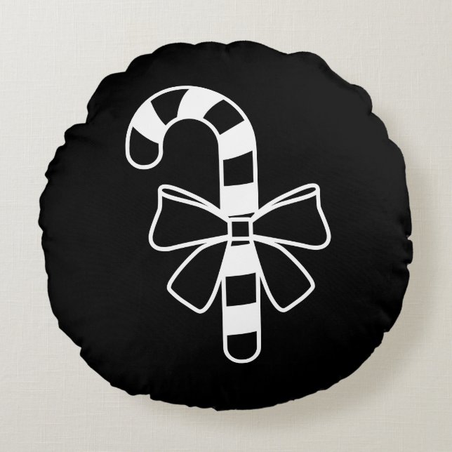 White Minimalist Candy Cane With A Bow On Black Round Pillow (Front)