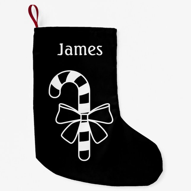 White Minimalist Candy Cane With A Bow On Black Small Christmas Stocking (Front)