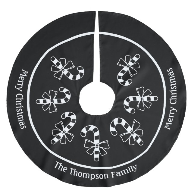 White Minimalist Candy Canes On Black With Text Brushed Polyester Tree Skirt (Front)