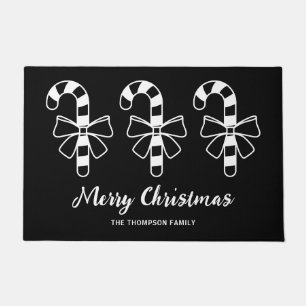 White Minimalist Candy Canes On Black With Text Doormat