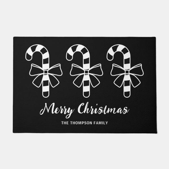 White Minimalist Candy Canes On Black With Text Doormat (Front)