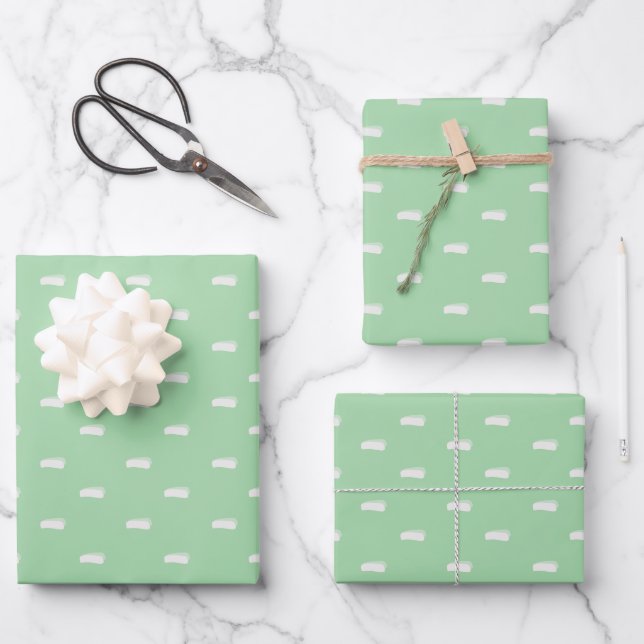 White Minimalist Dashes on Spring Green Wrapping Paper Sheet (Front)
