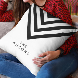 White Minimalist Family Name Black Chevron Throw Pillow
