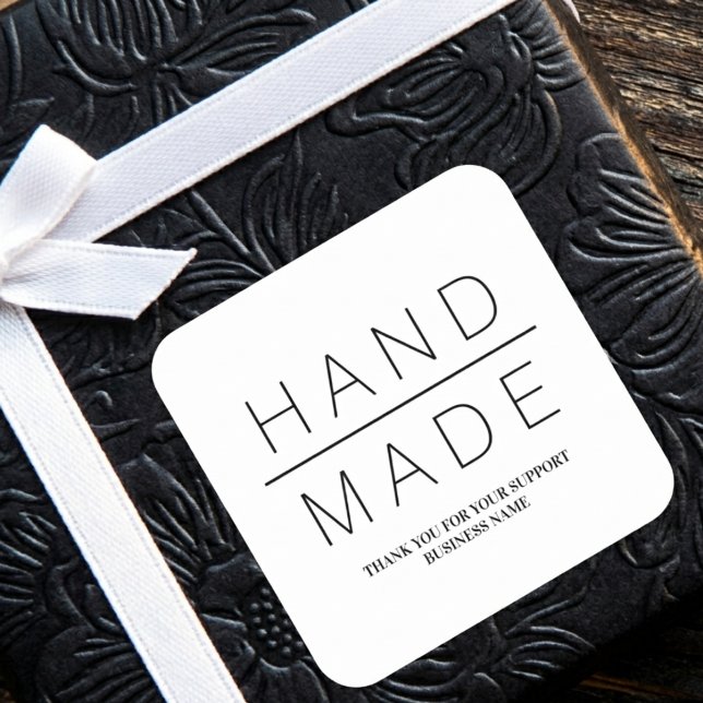 White Minimalist Handmade Business Support Square Sticker (Creator Uploaded)