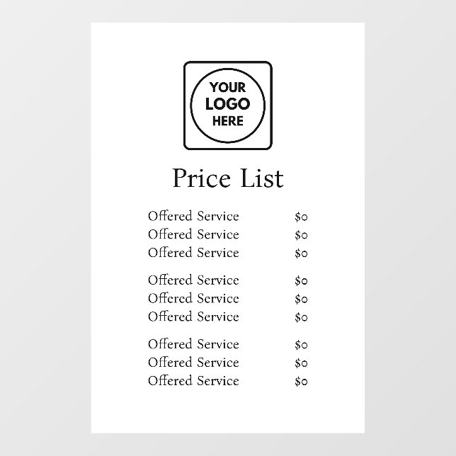 White Minimalist Logo | Modern Price List Display Window Cling (Sheet)