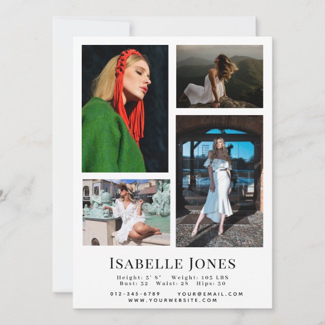 White Minimalist Model Actor 4 Photo Comp Card (Front)