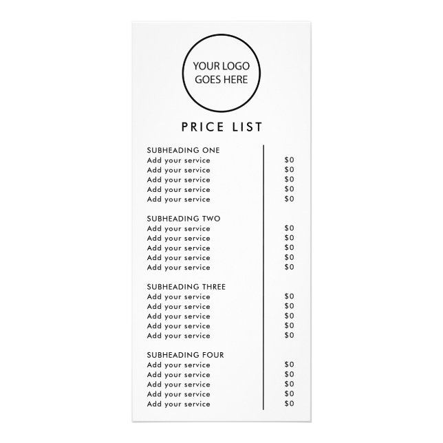 White Minimalist Modern Logo Price List Rack Card (Front)
