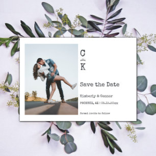 White Minimalist Monogram Photo Save The Date