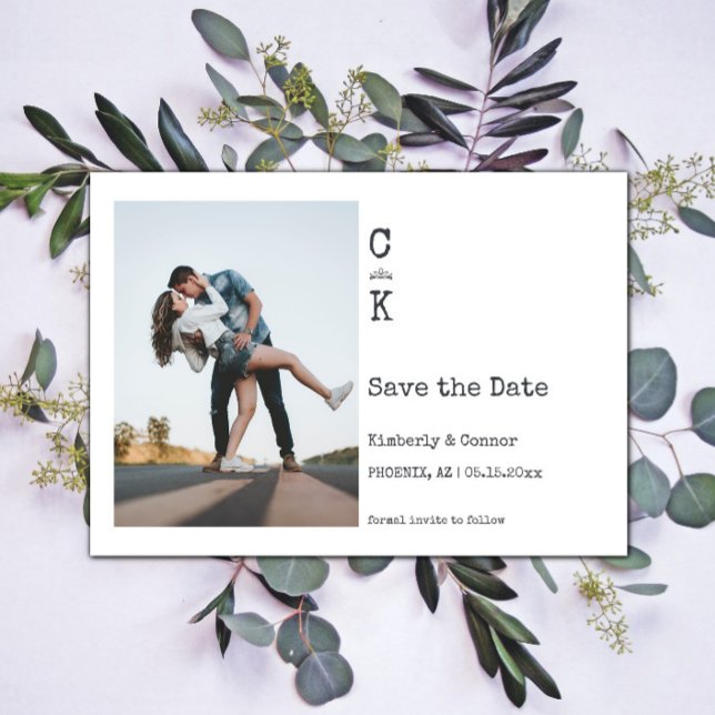 White Minimalist Monogram Photo Save The Date (White Minimalist Monogram Photo Save the Date)