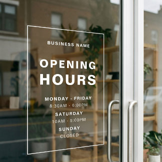 White Minimalist Opening Hours with Business Name Window Cling