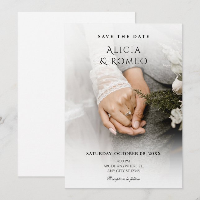 White Minimalist photo wedding Save The Date (Front/Back)