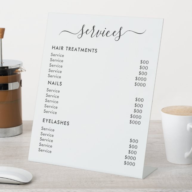 White Minimalist Salon Services Price List Pedestal Sign (In SItu)