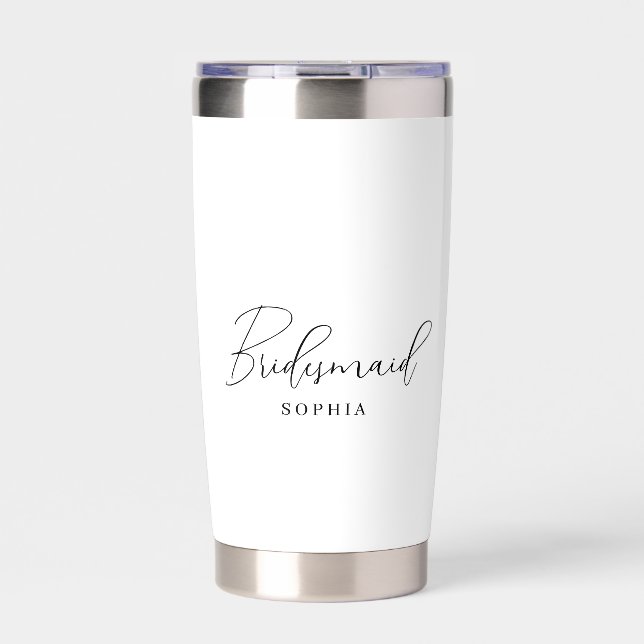 White Minimalist & Script Bridesmaid Gift Insulated Tumbler (Front)