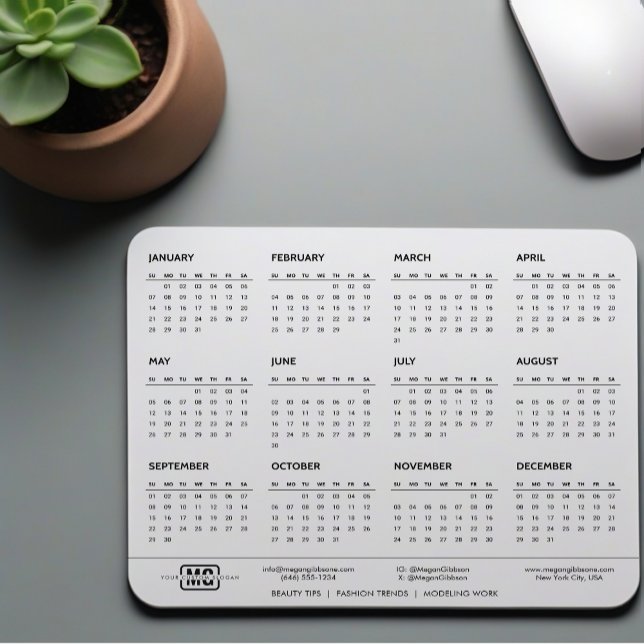 White Minimalist Vibes 2024 Monogrammed Calendar Mouse Pad (monogram calendar mousepad
)