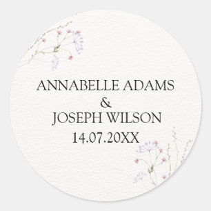 White Minimalist watercolor flowers wedding Classic Round Sticker
