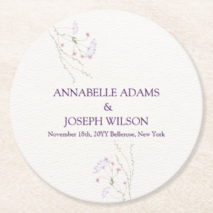 White Minimalist watercolor flowers wedding Round Paper Coaster