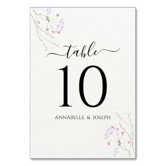 White Minimalist watercolor flowers wedding Table Number