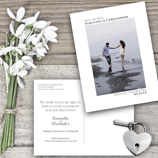 White Minimalist Wedding Photo Save The Date Announcement Postcard (Creator Uploaded)