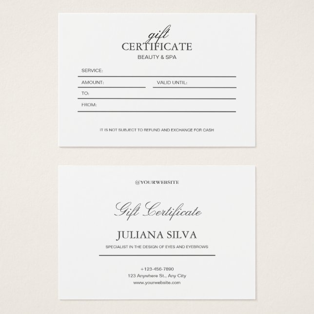 White Minimalistic Elegant Beauty Gift Certificate (Front & Back)