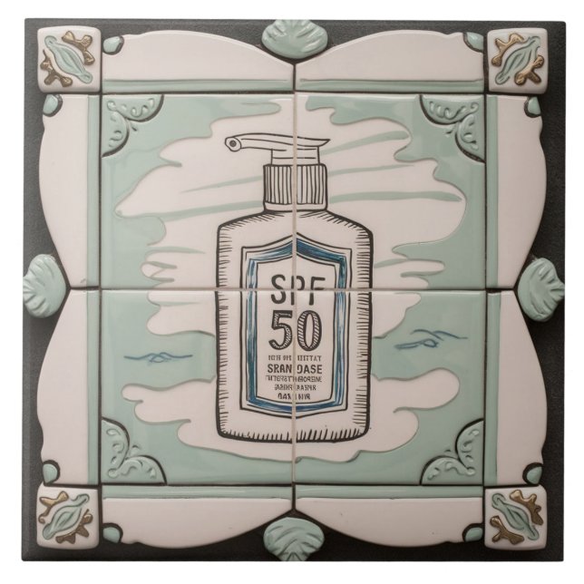 White & Mint Blue Sunscreen Lotion Funny Bathroom Tile (Front)